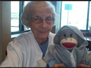 Granny and Sock having cocoa and coffee