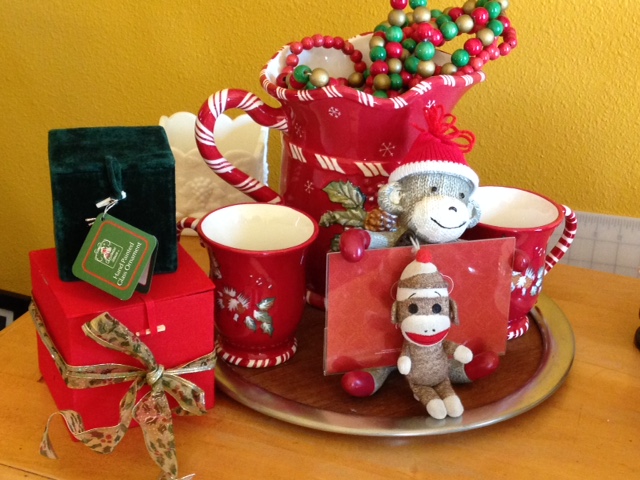 Christmas cocoa mugs and 2 Sock Monkeys